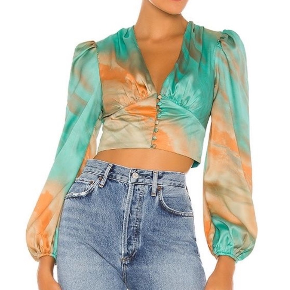 superdown Teal and Orange Satin Puff-Sleeve Crop Blouse